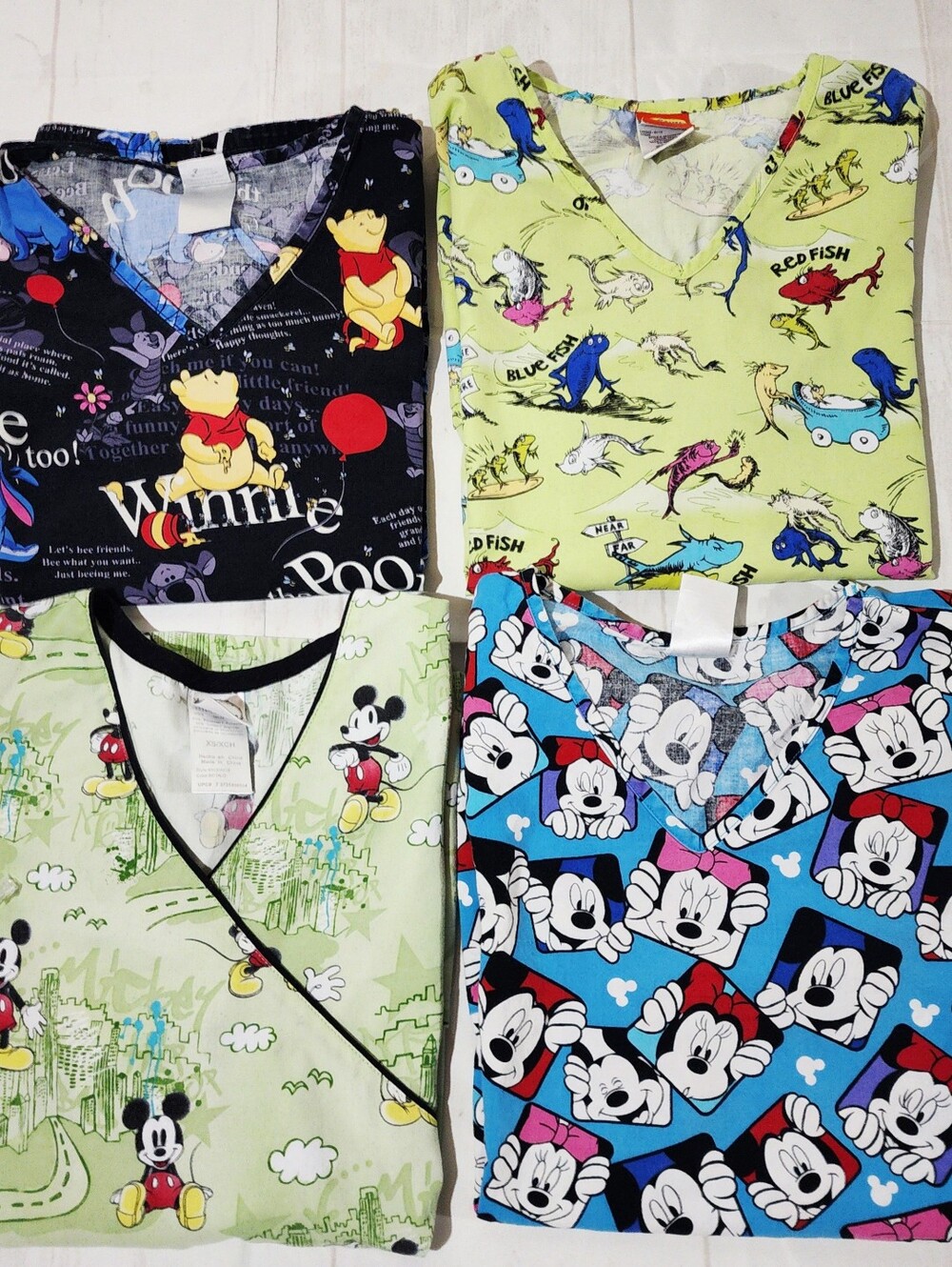 Lot of 4 Women's XS Disney Dr Seuss Winnie the Pooh Scrub Tops